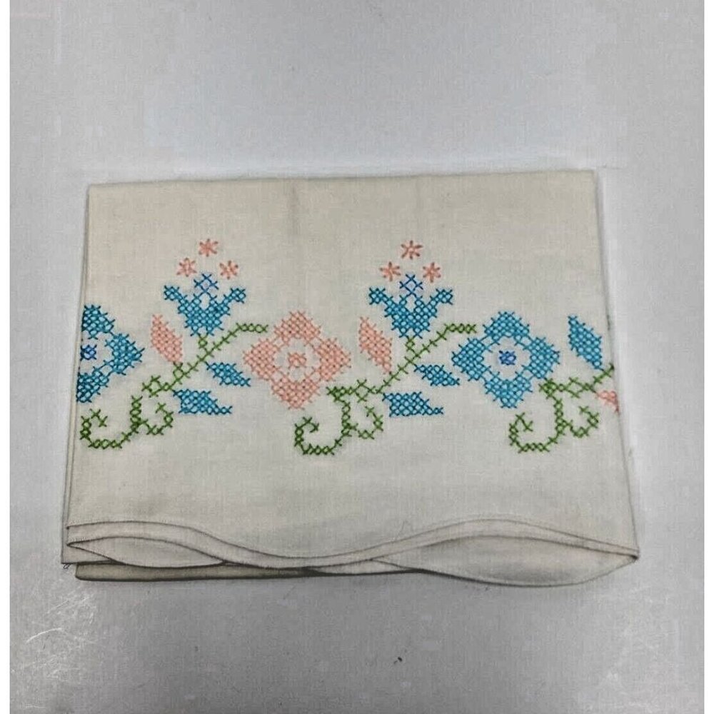 Vintage Handmade Cross Stitch Pillowcase Standard Size Floral Scalloped Edge